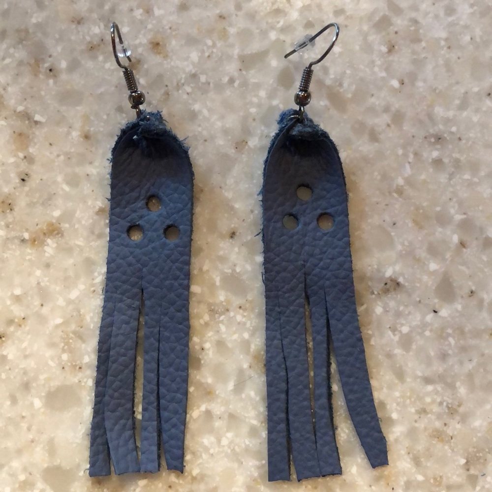 Gray Blue leather fringe earrings